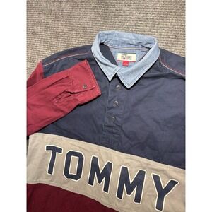 Tommy Hilfiger Denim Mens Rugby Shirt Colorblock Navy Burgundy Logo Size M